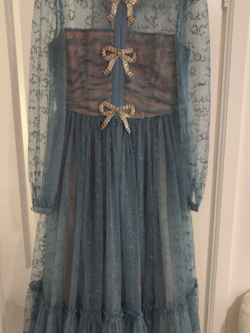 SALONI Blue Sheer Long Sleeve Bow-Accent Dress